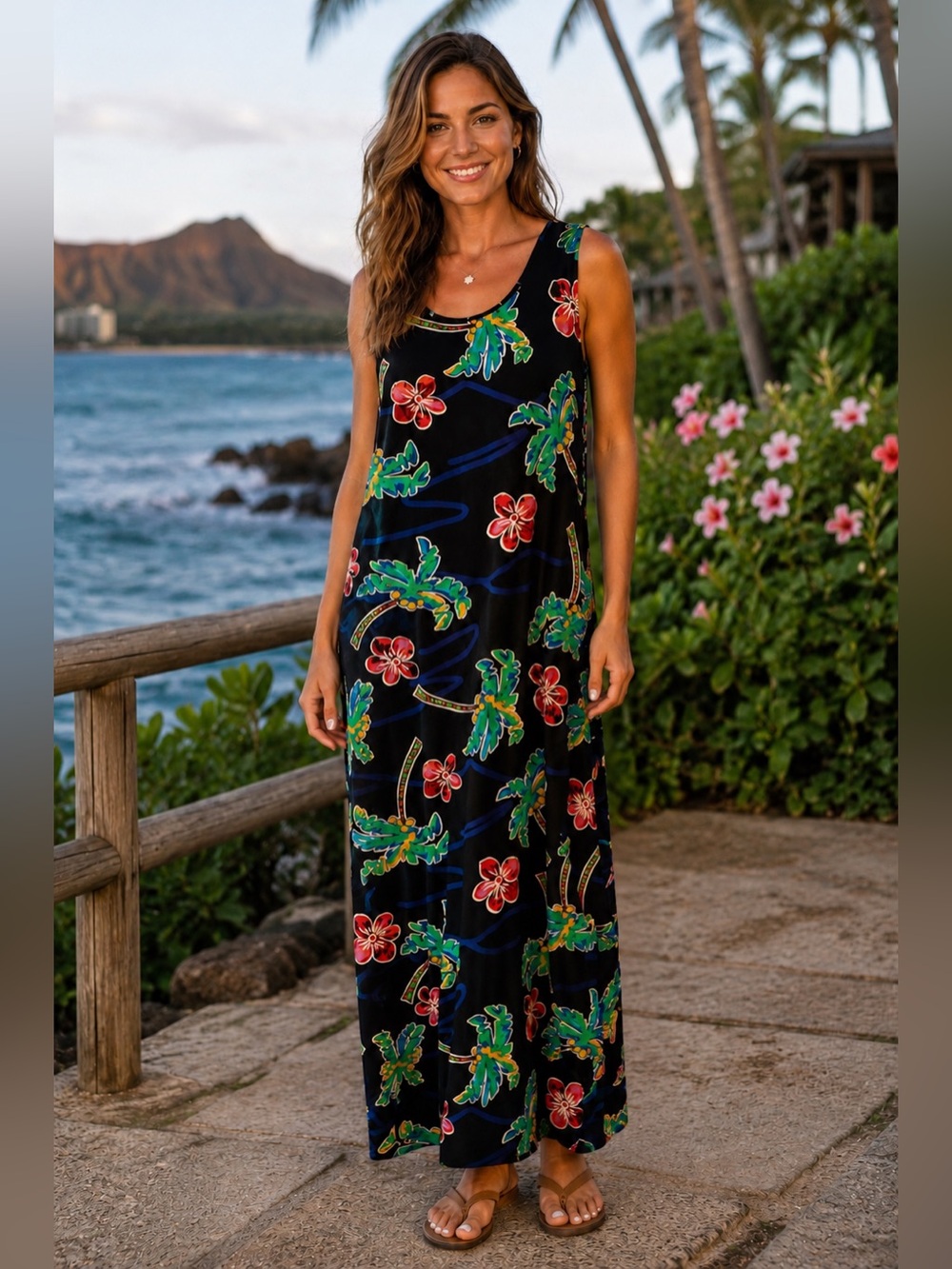 Ho Aloha Hawaiian Tropical Palm Tree Maxi Dress Large Coastal Resort